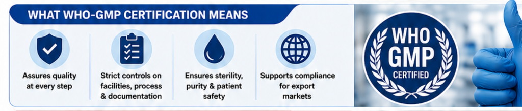 Third-Party Antibiotic Injection Manufacturer in India (2026) — WHO-GMP Companies 3 What WHO-GMP Certification Actually Means